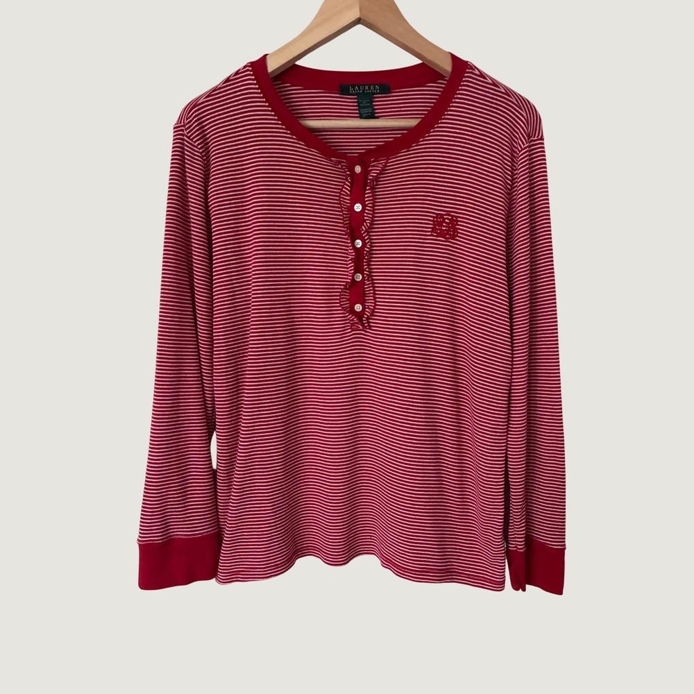 Lauren Ralph Lauren Womens Red White Striped Ruffle Henley Long Sleeve Top Sz M
